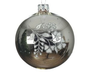 Weihnachtskugel, Glas mit Zweig und Blume, Kaemingk, silber, D: 8cm