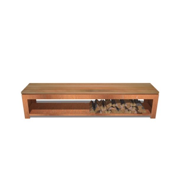 Holzlager BURNI Bank inkl. Holzauflage CorTen Stahl